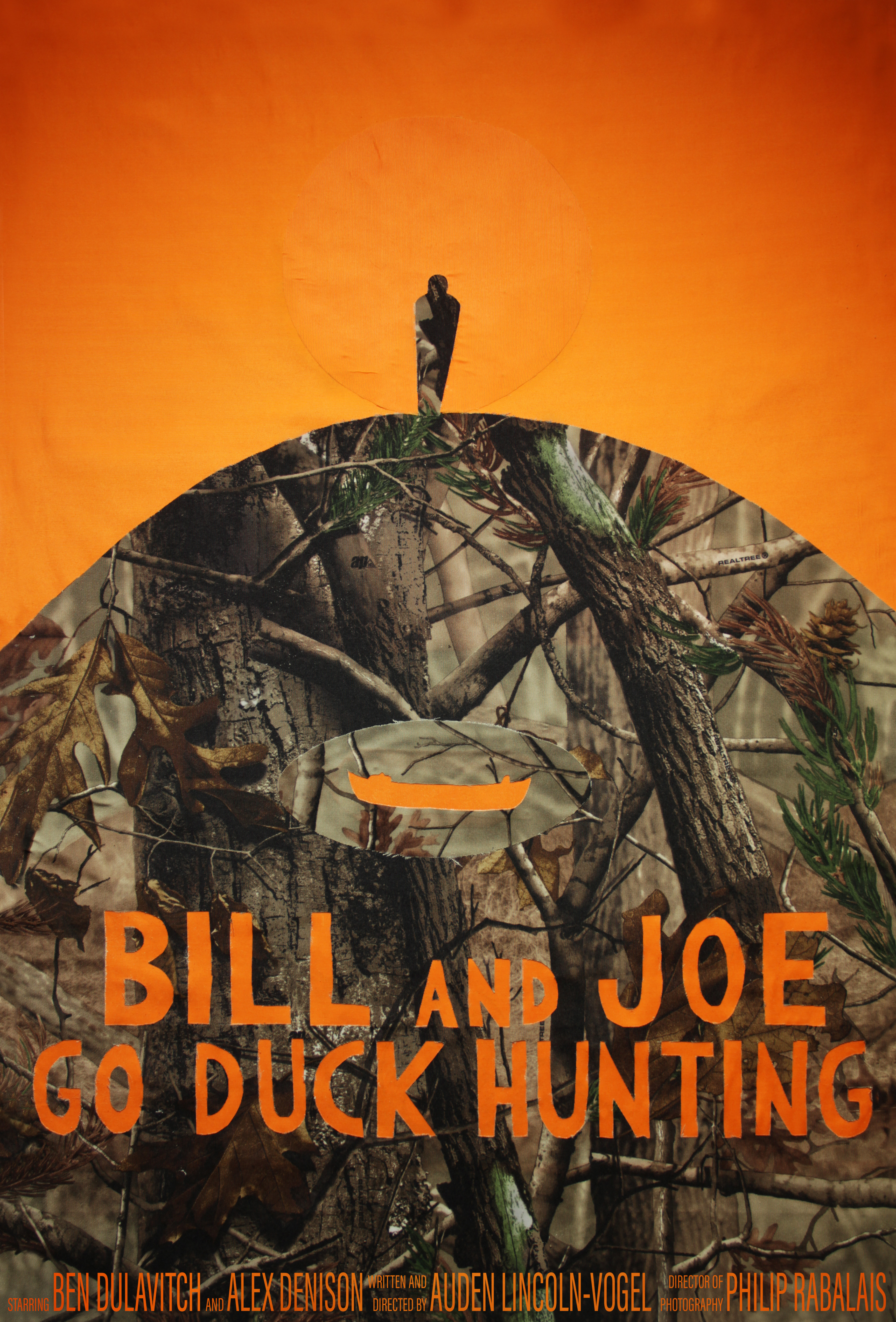Film poster made from camo and orange fabric