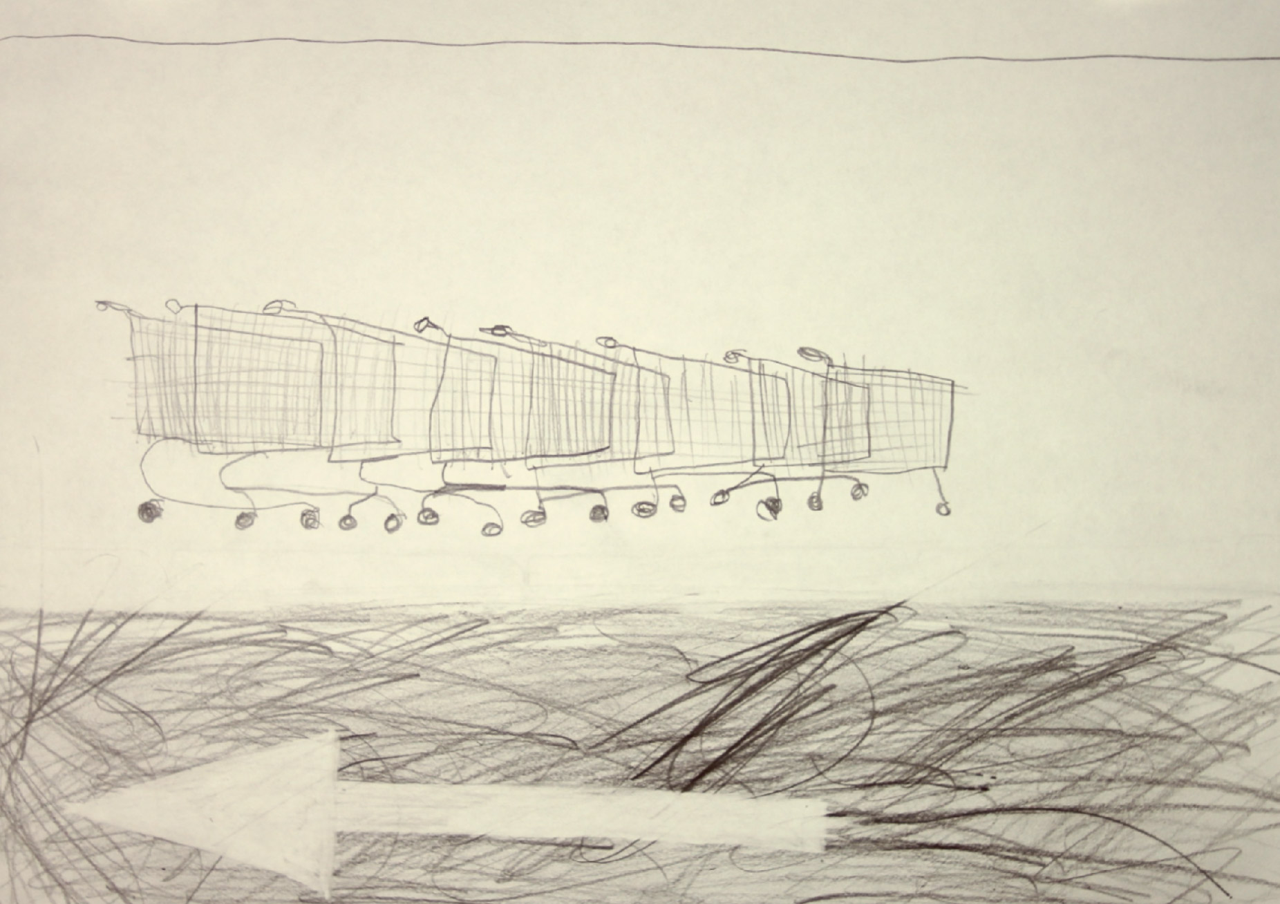 Pencil drawing of a line of shopping carts in a parking lot